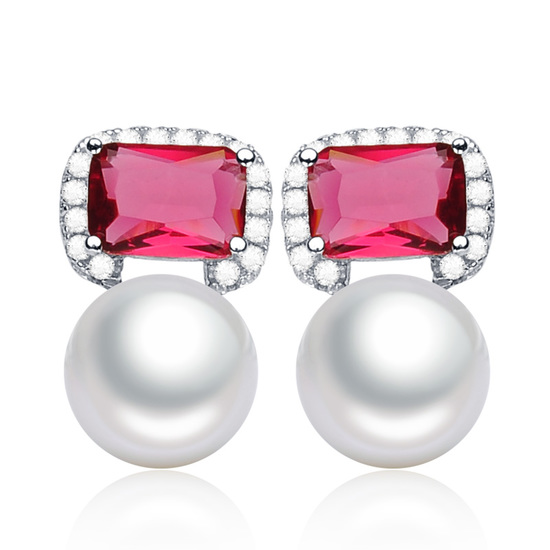 Sterling Silver Pearl Earrings with red cubic zirconia