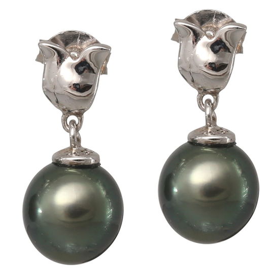 "Tulips" Sterling Silver Earrings with 8-9mm Tahitian Pearls