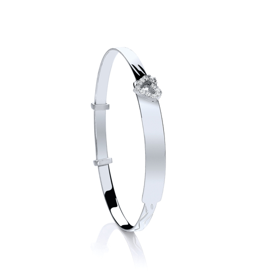 Sterling Silver Baby ID with CZ Heart Expandable Bangle 3.9g