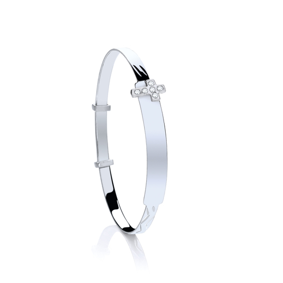 Sterling Silver Baby ID with CZ Cross Expandable Bangle 3.9g