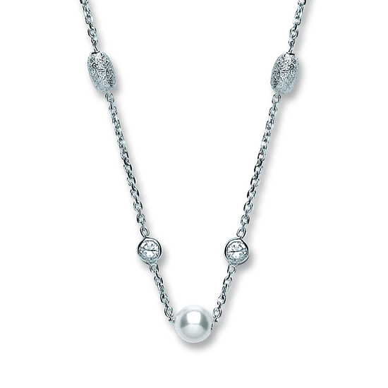 Sterling Silver Pearl, CZ & Frosted Ball Necklace 