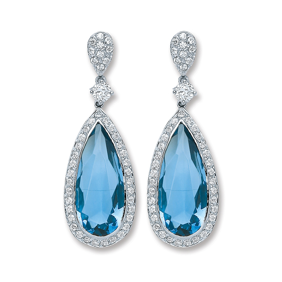 Sterling Silver Blue CZ Pear Shape Drop Earrings 8.9g