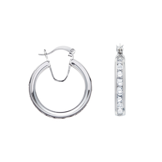 Sterling Silver Medium Channel Set CZ Hoop Earrings 4.2g