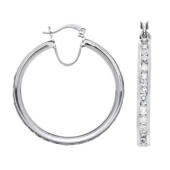 Sterling Silver Extra Large Channel Set CZ Hoop Earrings 6.7g