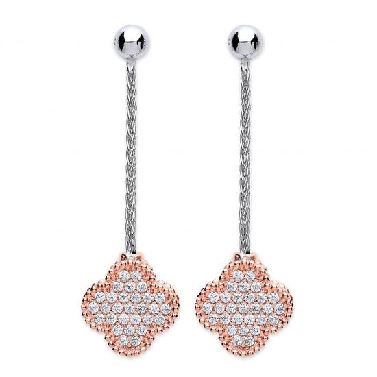 Sterling Silver with Rose Coated Four Leaf CZ Clover Drop Earrings 3.0g