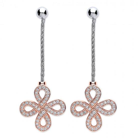 Sterling Silver with Rose Coated Eternity 4 Leaf CZ Drop Earrings 4.2g