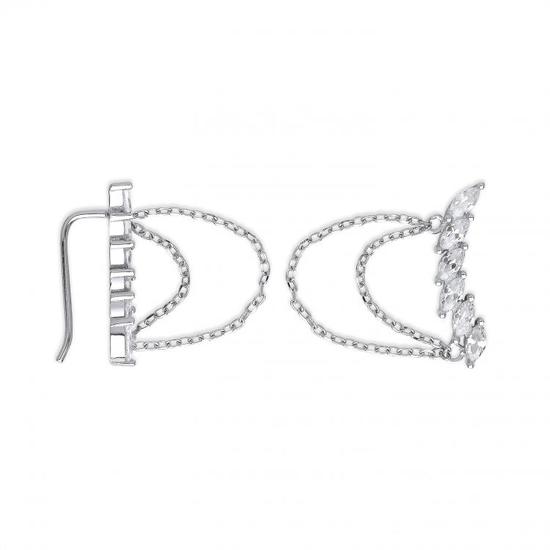Sterling Silver Arc-shaped Ear Hook Marquee CZ with Chain Ear Clip Earrings 3.5g