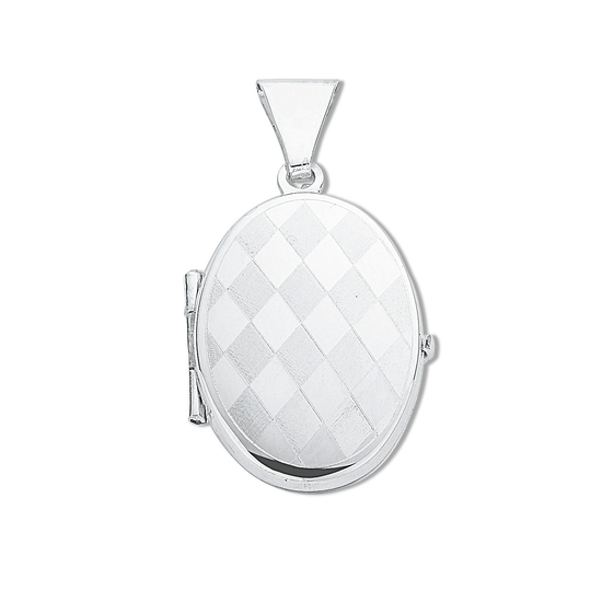 925 Sterling Silver Small Engraved Diamond Pattern Oval Shaped Locket Pendant