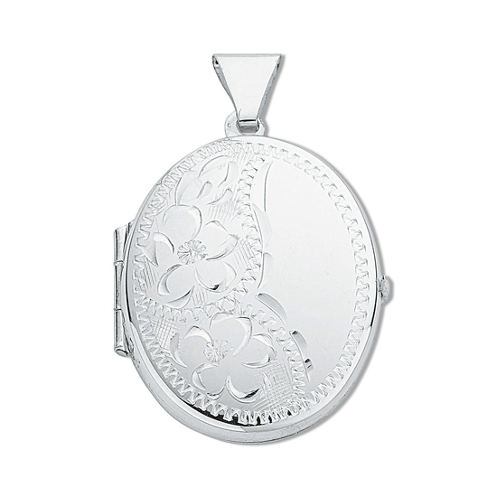 925 Sterling Silver Medium Engraved Flowers Oval Shaped Locket Pendant
