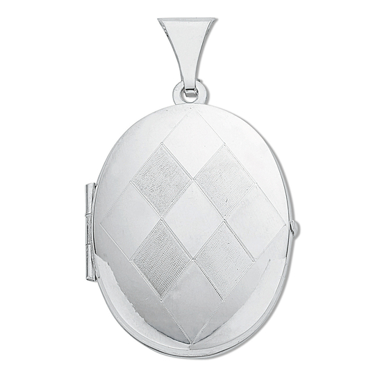 925 Sterling Silver Medium Engraved Diamond Pattern Oval Shaped Locket Pendant