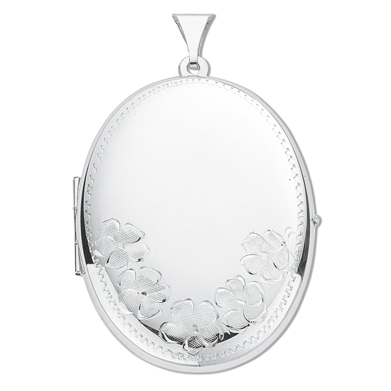 925 Sterling Silver Large Engraved Blossom Flowers Oval Shaped Locket Pendant