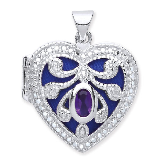925 Sterling Silver Heart Locket with Amethyst Pendant