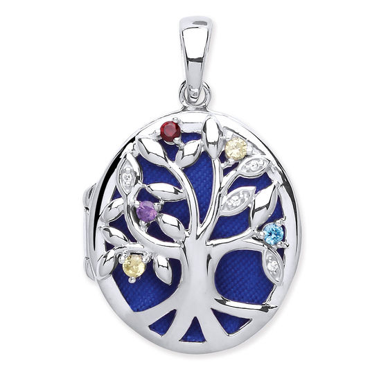 925 Sterling Silver Oval Tree of Life Locket with Multi Colour CZ Pendant