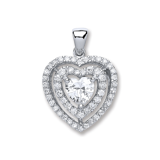 925 Sterling Silver Heart CZ with Two Row of CZ Pendant 2.6g