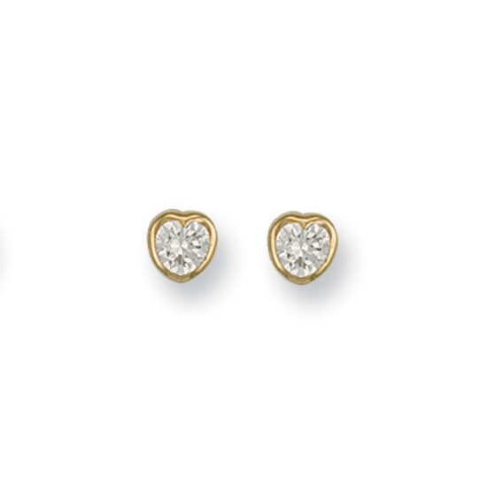 9ct Yellow Gold Rubover Set Heart Shaped CZ Stud Earrings