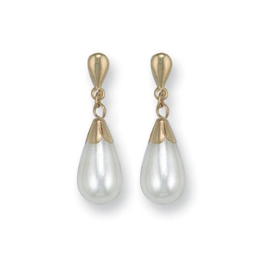 9ct Yellow Gold Simulated Pearl Drop Stud Earrings