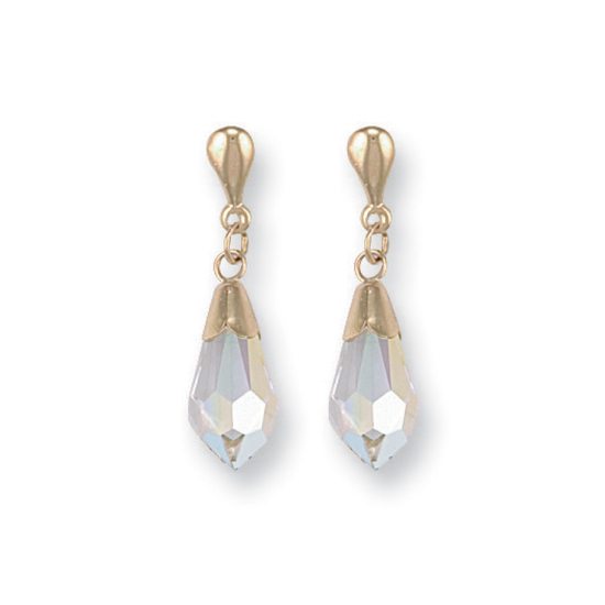 9ct Yellow Gold White Austrian Crystal Drop Stud Earrings