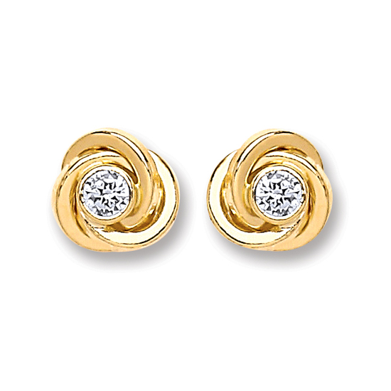 9ct Yellow Gold CZ Knot Stud Earrings