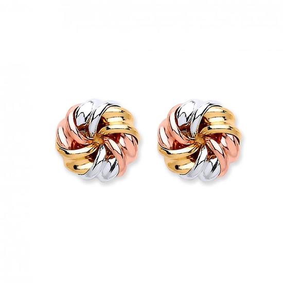 9ct 3 Coloured Rose White and Yellow Gold Tight Knot Stud Earrings